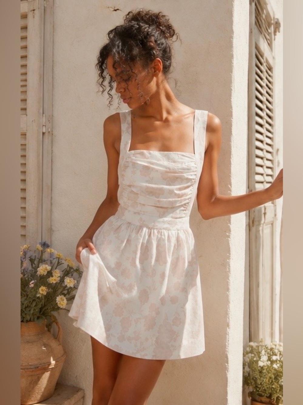 Free People Cream Floral Square-Neck Mini Dress